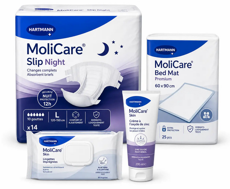 Hartmann Nuit Complète - Slip Night, Alèses Bed Mat, Lingettes et Crème Molicare Skin