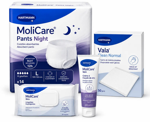 Bundle Hartmann Soins Hygiène - Culotte Pants Night, Gants Vala Clean, Crème Molicare Skin et Lingettes